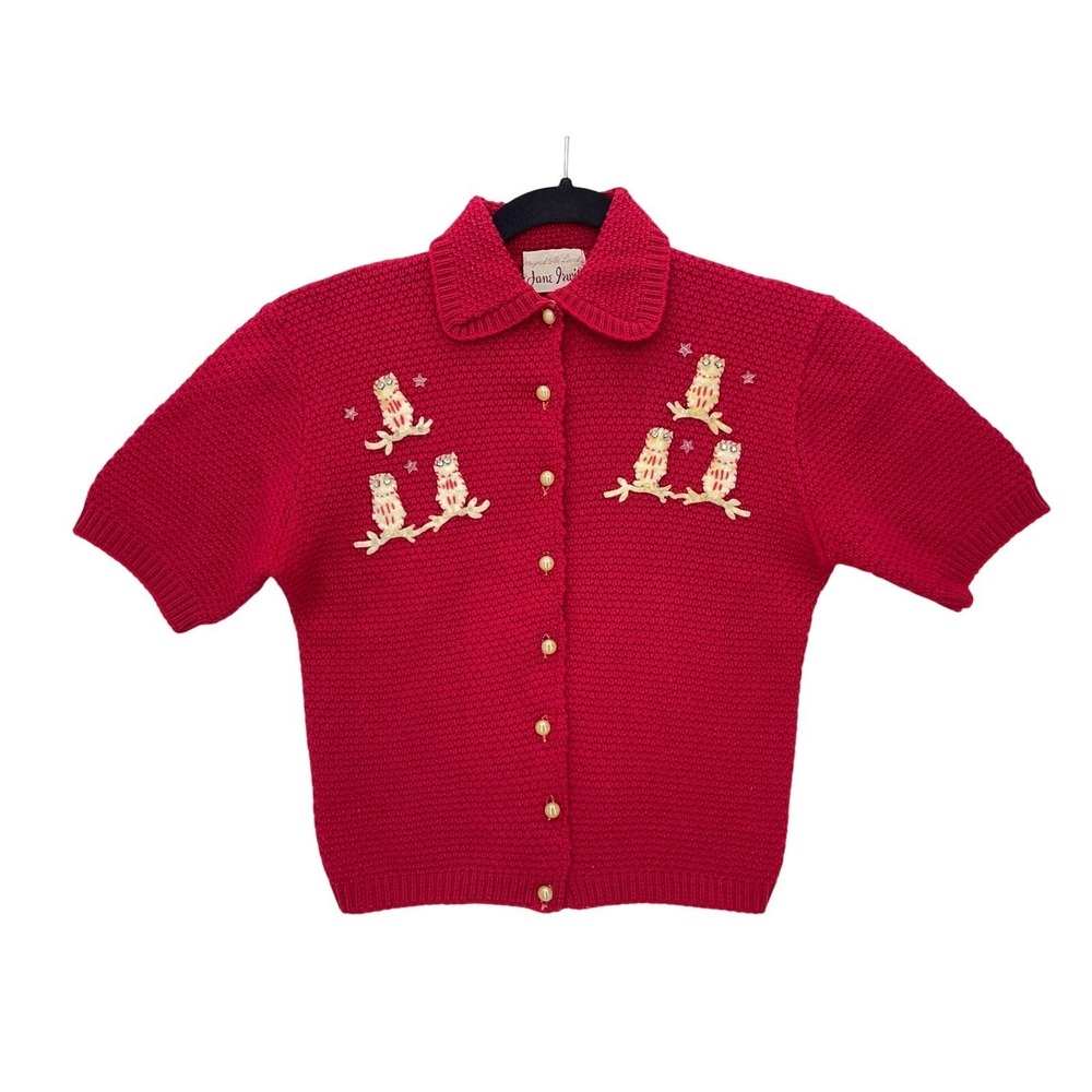 Jane Irwill Red Cardigan S Vintage 50s Owl Applique Pearl Button Short Sleeve